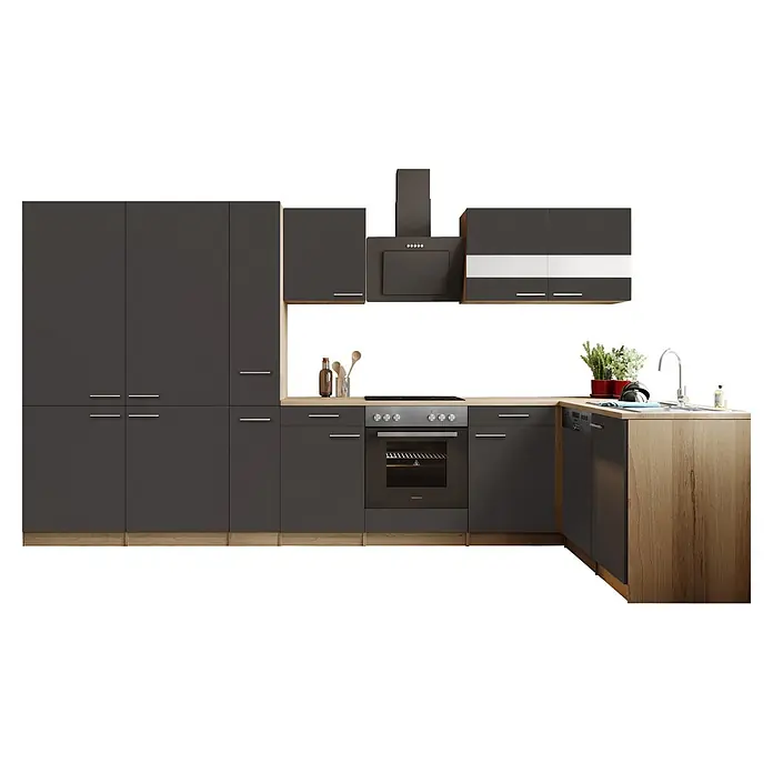 Respekta Merle Winkelküche - B x L: 370 x 175 cm, Grau, Mit Elektrogeräten - Vorderansicht
