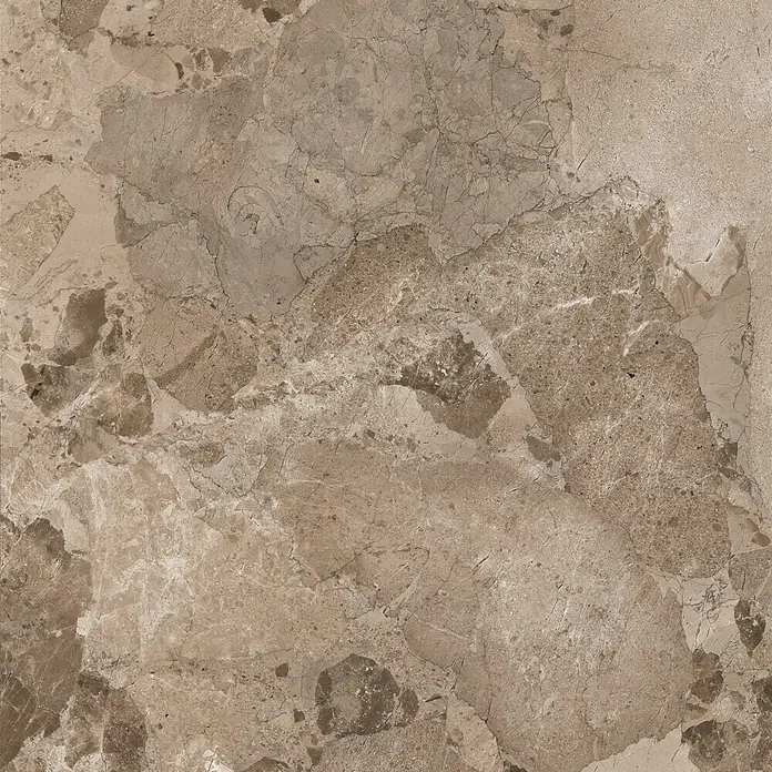Feinsteinzeugfliese Perugia Taupe - 60 x 60 cm, Taupe - Braune Marmoroberfläche mit Adern und gesprenkelter Textur, ideal für edle Boden- oder Wandbeläge.