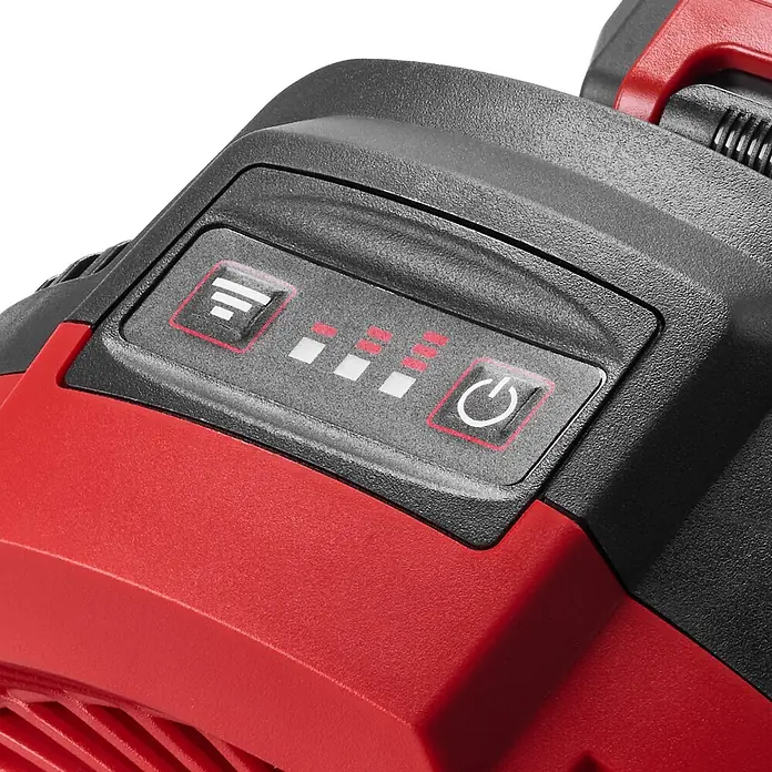 Einhell PXC 18V Akku-Ventilator GE-CF 18/2200 Li - Solo - 18 V, Li-Ionen, Ohne Akku - Nahaufnahme des Bedienfelds eines rot-schwarzen Elektrowerkzeugs mit beleuchteten Anzeigen und Leistungs-/Modus-Tasten.