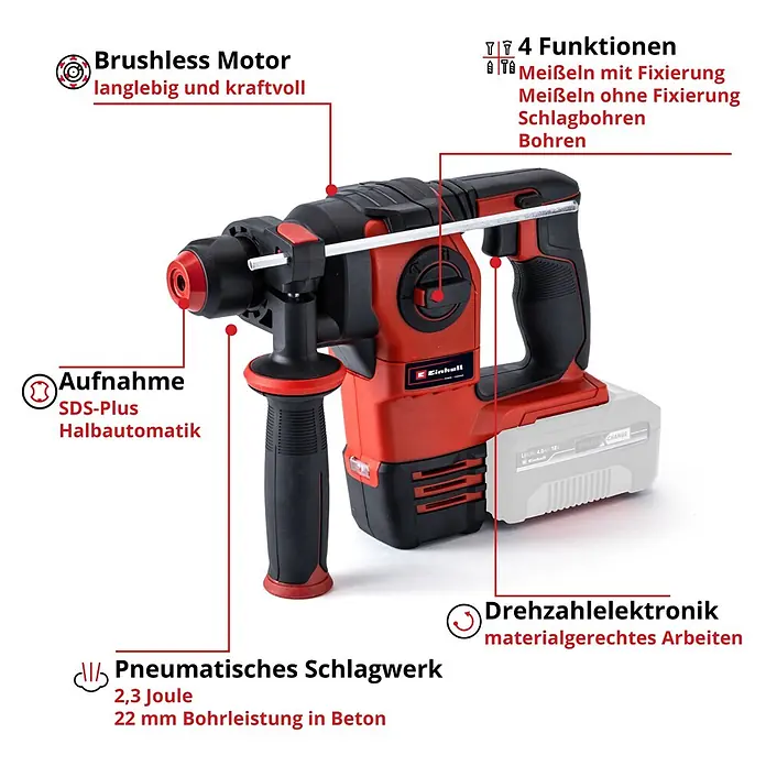 Einhell Professional PXC 18V Akku-Kombihammer TP-HD 18/22 Li BL +4 - Solo - 18 V, Ohne Akku, 2,3 J - Informationsansicht