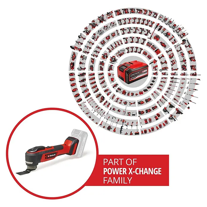 Einhell Professional PXC 18V Akku-Multifunktionswerkzeug E-Case TP-MG 18/3.6 LI BL - 18 V, Anzahl Akkus: Ohne Akku, Oszillationswinkel: -1,6 ° - 1,6 °, Sonstige - Rotes und schwarzes Einhell Power X-Change Akku-Multitool mit Metallklinge und Akku, Teil eines vielseitigen Systems.