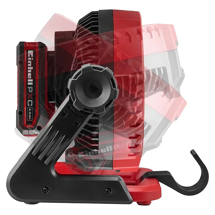 Einhell PXC 18V Akku-Ventilator GE-CF 18/2200 Li - Solo - 18 V, Li-Ionen, Ohne Akku - Rote und schwarze akkubetriebene LED-Arbeitsleuchte mit verstellbarem Kopf und integriertem Aufhängehaken.