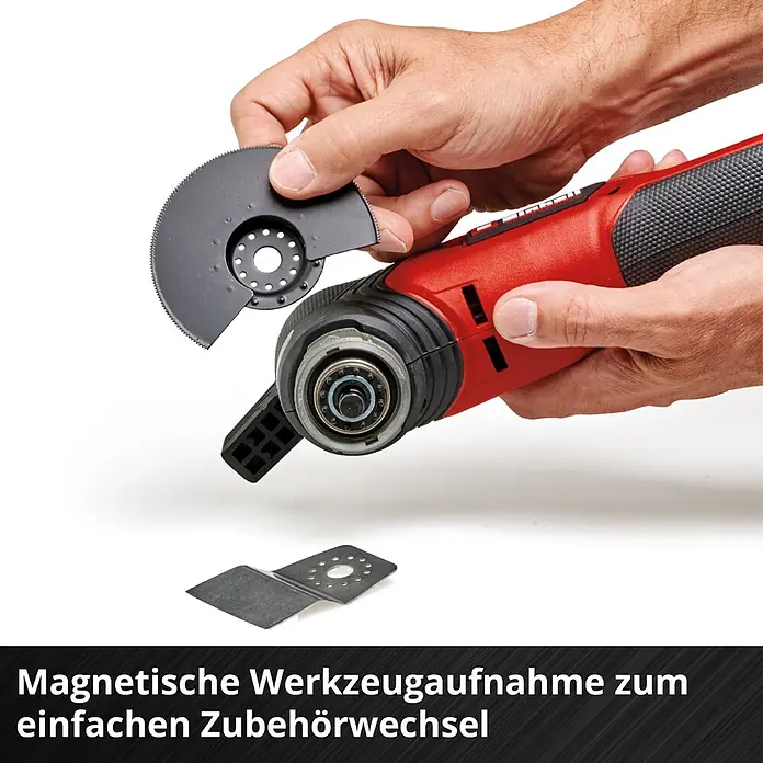 Einhell Professional PXC 18V Akku-Multifunktionswerkzeug E-Case TP-MG 18/3.6 LI BL - 18 V, Anzahl Akkus: Ohne Akku, Oszillationswinkel: -1,6 ° - 1,6 °, Sonstige - Rotes Multifunktionswerkzeug mit magnetischer Werkzeugaufnahme, an das eine schwarze Sägeblatt befestigt wird.