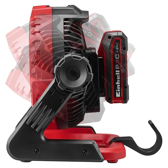 Einhell PXC 18V Akku-Ventilator GE-CF 18/2200 Li - Solo - 18 V, Li-Ionen, Ohne Akku - Verstellbare rot-schwarze Akku-Arbeitsleuchte mit Einhell PXC 4.0Ah Akku und integriertem Haken.