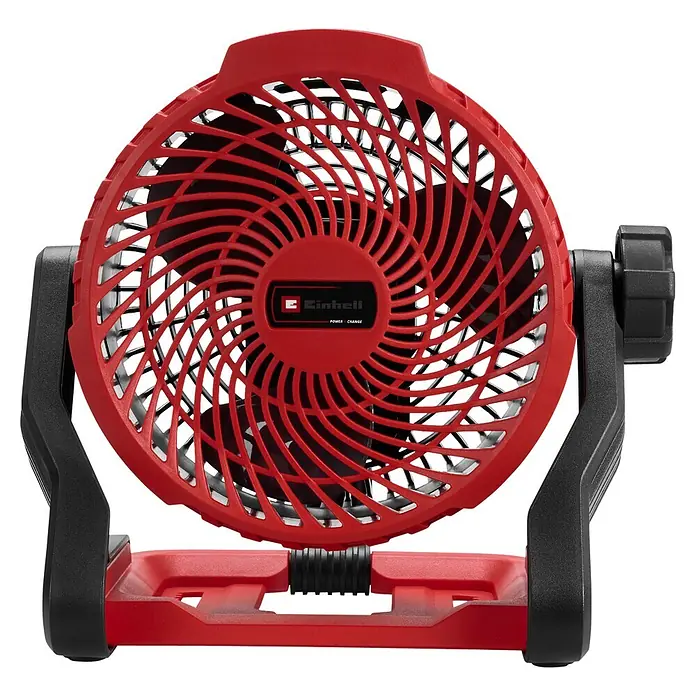 Einhell PXC 18V Akku-Ventilator GE-CF 18/2200 Li - Solo - 18 V, Li-Ionen, Ohne Akku - Ein rot-schwarzer tragbarer Ventilator mit verstellbarem Standfuß und spiralförmigem Schutzgitter.