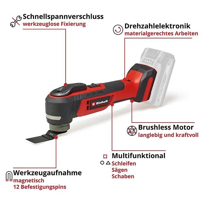 Einhell Professional PXC 18V Akku-Multifunktionswerkzeug E-Case TP-MG 18/3.6 LI BL - 18 V, Anzahl Akkus: Ohne Akku, Oszillationswinkel: -1,6 ° - 1,6 °, Sonstige - Rotes Akku-Multifunktionswerkzeug mit Schnellspannverschluss, bürstenlosem Motor, Drehzahlelektronik, magnetischer Werkzeugaufnahme für Schleifen, Sägen, Schaben.