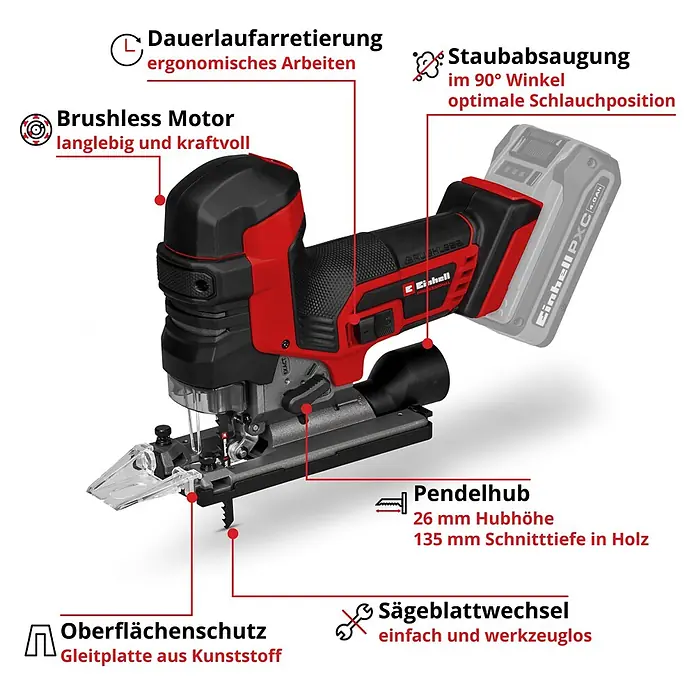 Einhell Professional Akku-Stichsäge TP-JST 18/135 Li BL - Solo - 18 V, Anzahl Akkus: Ohne Akku, 0 /min - 3.500 /min - Informationsansicht