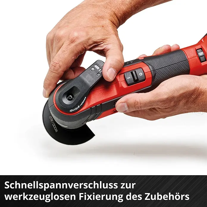 Einhell Professional PXC 18V Akku-Multifunktionswerkzeug E-Case TP-MG 18/3.6 LI BL - 18 V, Anzahl Akkus: Ohne Akku, Oszillationswinkel: -1,6 ° - 1,6 °, Sonstige - Rotes und schwarzes Oszillierwerkzeug mit Schnellspannverschluss für werkzeuglosen Zubehörwechsel, z.B. ein Holz/Alu-Sägeblatt.