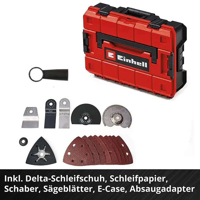 Einhell Professional PXC 18V Akku-Multifunktionswerkzeug E-Case TP-MG 18/3.6 LI BL - 18 V, Anzahl Akkus: Ohne Akku, Oszillationswinkel: -1,6 ° - 1,6 °, Sonstige - Einhell E-Case mit Multifunktionswerkzeug-Zubehör: Schaber, Sägeblätter, Delta-Schleifschuh und Schleifpapier.