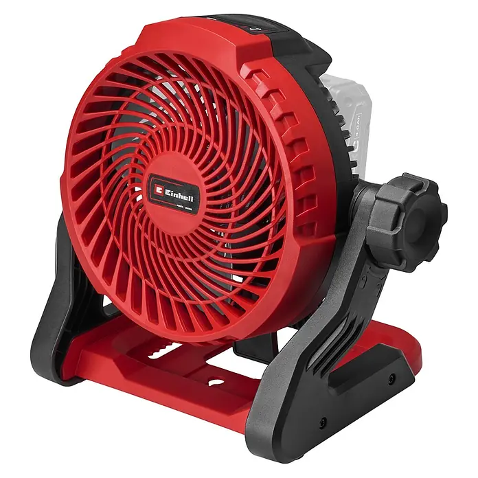 Einhell PXC 18V Akku-Ventilator GE-CF 18/2200 Li - Solo - 18 V, Li-Ionen, Ohne Akku - Roter und schwarzer akkubetriebener Standventilator mit verstellbarem Fuß.