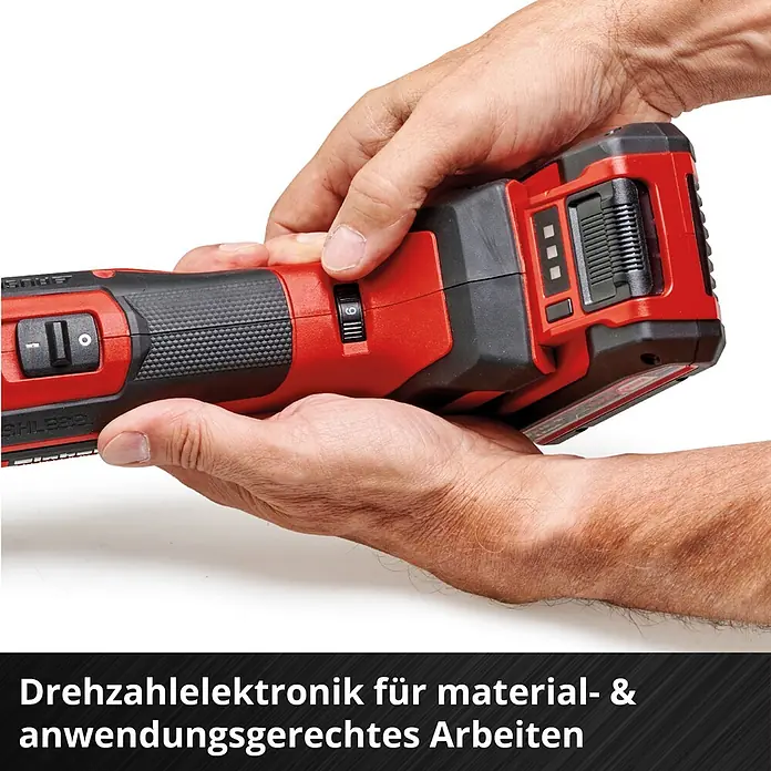 Einhell Professional PXC 18V Akku-Multifunktionswerkzeug E-Case TP-MG 18/3.6 LI BL - 18 V, Anzahl Akkus: Ohne Akku, Oszillationswinkel: -1,6 ° - 1,6 °, Sonstige - Hände stellen die Drehzahlelektronik eines rot-schwarzen Akku-Elektrowerkzeugs ein.