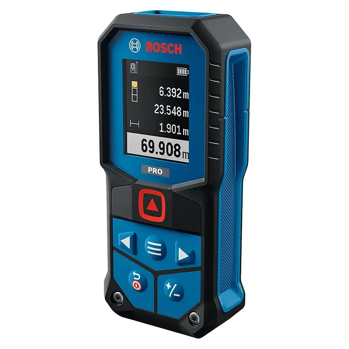 Bosch Professional Medidor de distancia láser GLM70-32 - Gama de medición: 0,05 m - 70 m - Medidor láser digital Bosch azul y negro con pantalla que muestra mediciones y botones de control.