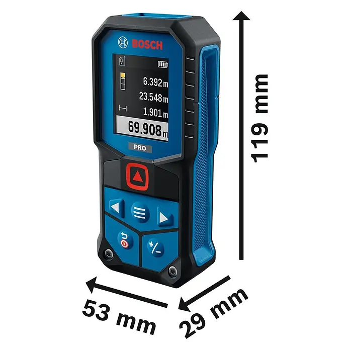 Bosch Professional Medidor de distancia láser GLM70-32 - Gama de medición: 0,05 m - 70 m - Medidor láser de distancia Bosch azul y negro con pantalla digital y botones para medidas precisas.