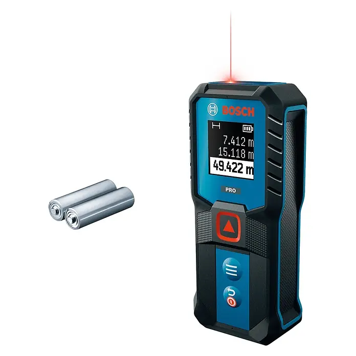 Bosch Professional Medidor de distancia láser GLM 50-21 - Gama de medición: 0,15 m - 50 m - Medidor láser Bosch azul y negro con láser rojo, mostrado con dos pilas plateadas.