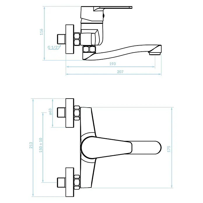 Bad Land Waschtischarmatur LUGA Waschtischarmatur Chrom - Chrom, Glänzend - Technische Zeichnung einer Wand-Einhebelarmatur mit Maßen, zeigt G 1/2" Anschluss und 150 mm Einlassabstand.