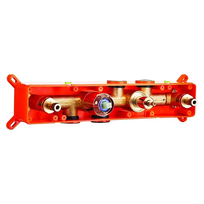 Bad Land POLA UP-Badewannenarmatur Set Rosegold -  - Orangefarbenes Kunststoffgehäuse für eine Unterputz-Duscharmatur mit Messingventilen und integrierten Wasserwaagen.