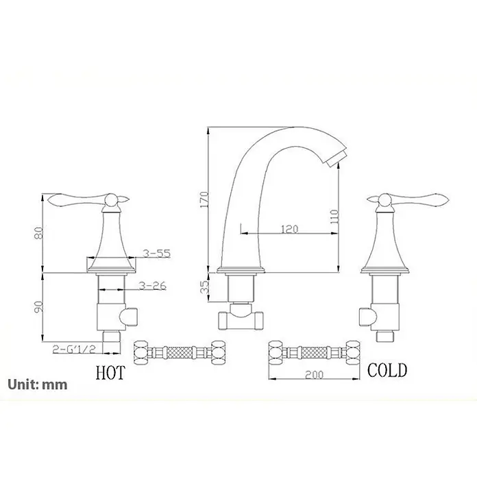 Hudor Badewannenarmatur 3 -  - Technische Zeichnung eines dreiteiligen Badarmaturen-Sets mit Warm- und Kaltwassergriffen und Auslauf, Maße in Millimetern.