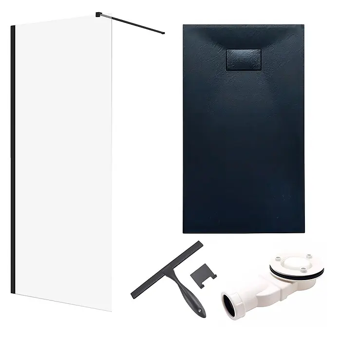 Bad Land Duschwannen-Set KETIL+VIDAR Walk-In Set 140x195 + 140x90 cm Schwarz, m. Wischer - Kunststoff, Schwarz