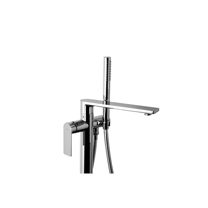 Bad Land Badewannenstandarmatur TRINO freistehende Badewannenarmatur Chrom - Chrom, Matt - Eleganter, verchromter Standarmatur für Badewanne mit rechteckigem Auslauf und integrierter Handbrause.