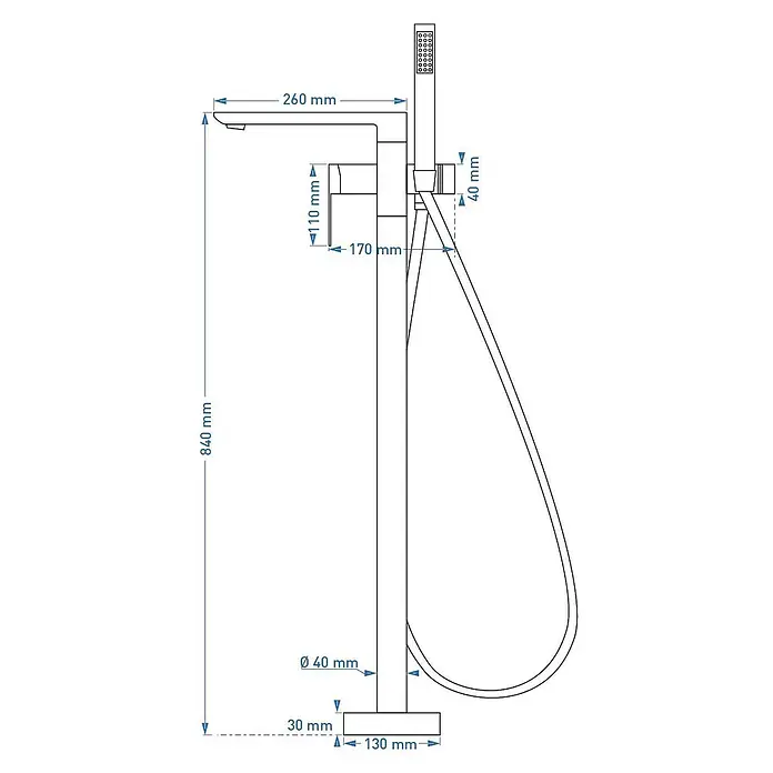 Bad Land Badewannenstandarmatur TRINO freistehende Badewannenarmatur Chrom - Chrom, Matt - Technische Zeichnung einer bodenstehenden Badarmatur mit Handbrause, mit detaillierten Maßen wie 840 mm Höhe und 130x30 mm Basis.