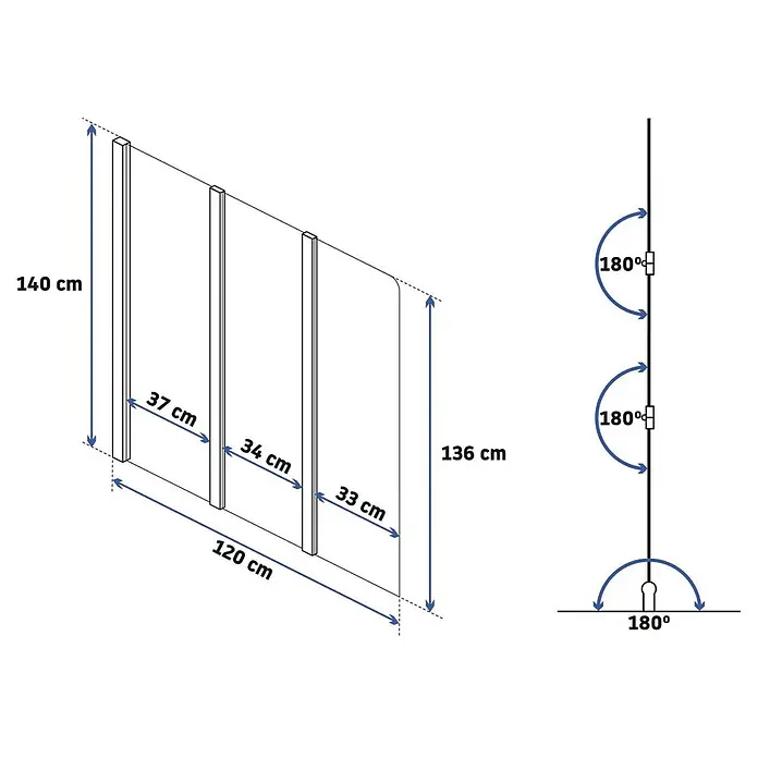 Bad Land Badewannenaufsatz Badewannenaufsatz 3-teilig AGAT 120x140 cm ESG 5 mm Klarglas Silber - 3 Stk., Transparent / Silber