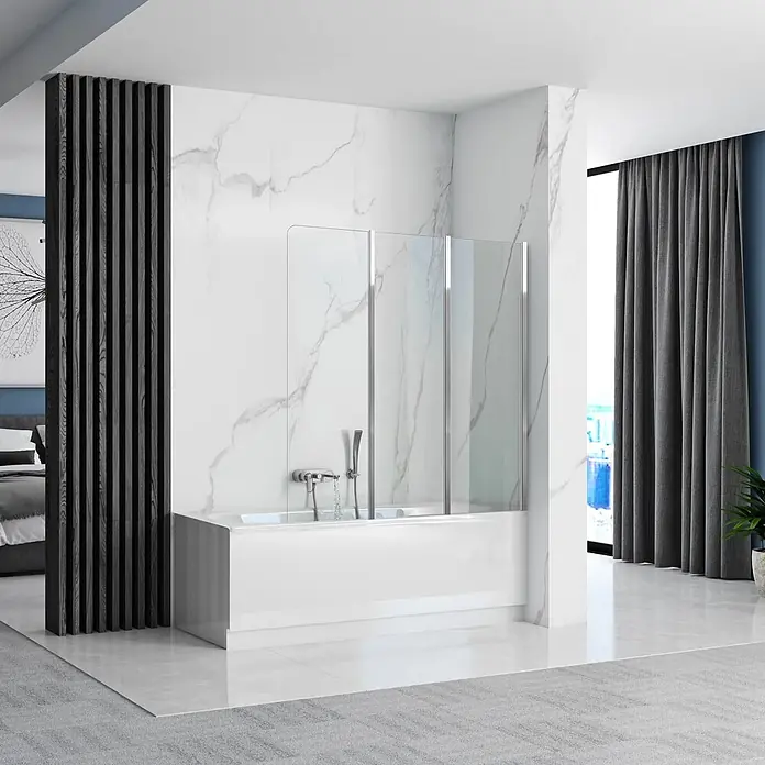 Bad Land Badewannenaufsatz Badewannenaufsatz 3-teilig AGAT 120x140 cm ESG 5 mm Klarglas Silber - 3 Stk., Transparent / Silber