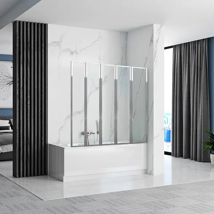 Bad Land Badewannenaufsatz Badewannenaufsatz 5-teilig IDEA 120x140 cm ESG 4 mm Klarglas Silber - 5 Stk., Transparent / Silber