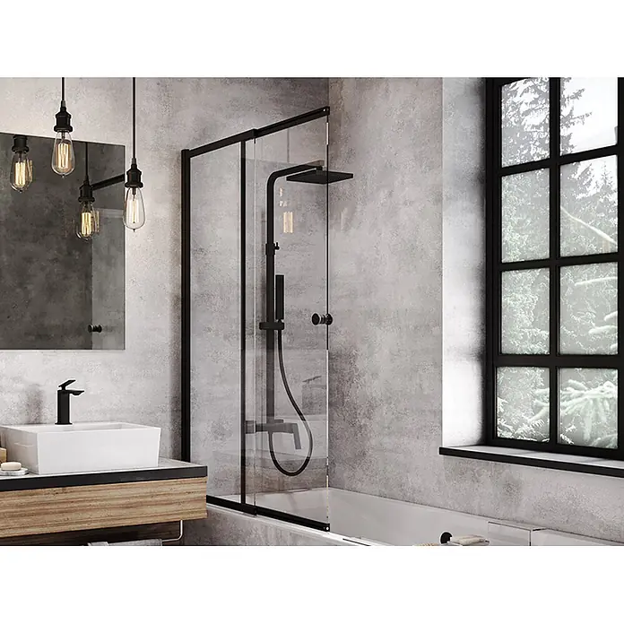 Bad Land Badewannenaufsatz Wannenaufsatz 2-tlg. EASY SLIDE BLACK 100x150 cm ESG 4 mm Glas Schwarz - 2 Stk., Transparent / Schwarz
