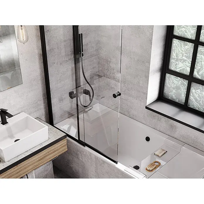 Bad Land Badewannenaufsatz Wannenaufsatz 2-tlg. EASY SLIDE BLACK 100x150 cm ESG 4 mm Glas Schwarz - 2 Stk., Transparent / Schwarz