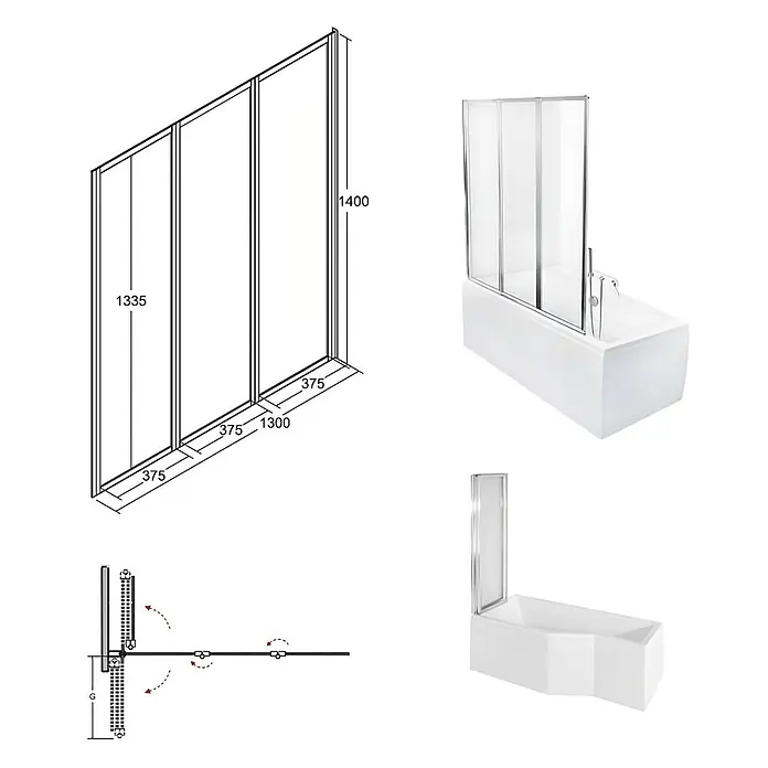 Bad Land Badewannenaufsatz Wannenaufsatz 3-tlg. AMBITION PREMIUM 130x140 cm ESG 4 mm Glas Silber - 3 Stk., Transparent / Silber