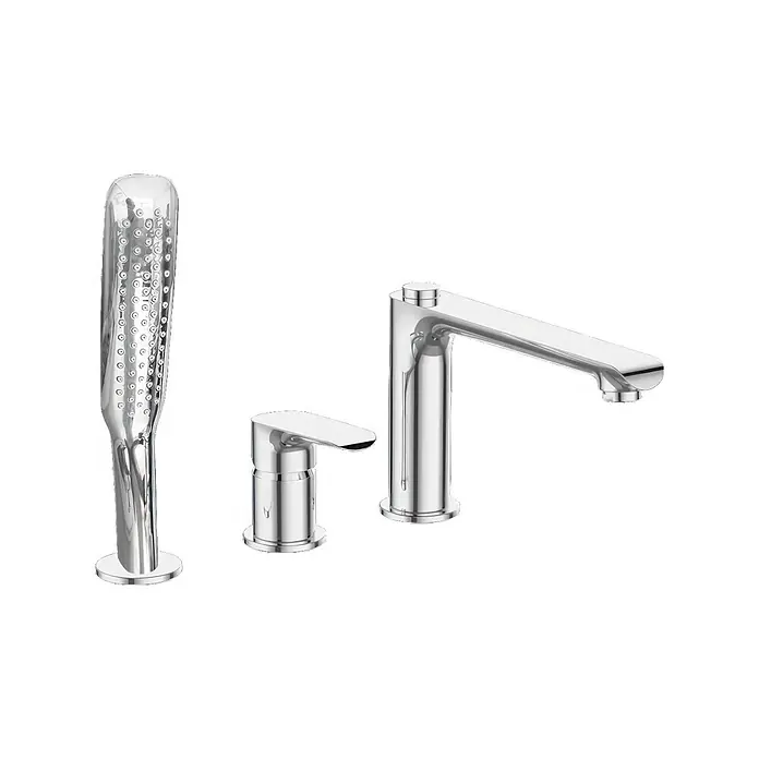 Bad Land Badewannenrandarmatur ALEA Badewannenrandarmatur 3-Loch Silber - Silber, Glänzend - Polierter Chrom-Badewannenmischer-Set mit Auslauf, Bedienhebel und passender Handbrause.