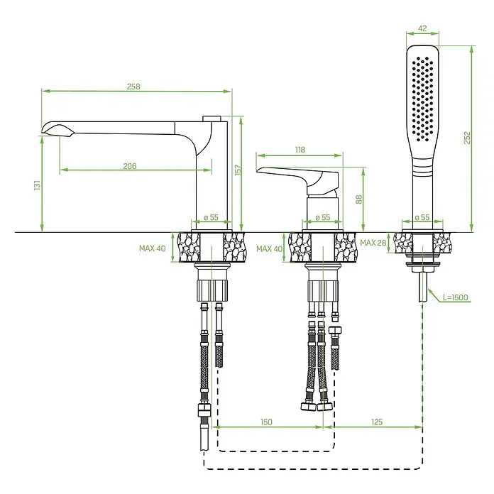 Bad Land Badewannenrandarmatur ALEA Badewannenrandarmatur 3-Loch Silber - Silber, Glänzend - Technisches Diagramm eines 3-teiligen Badarmaturen-Sets: Mischer, Auslauf und Handbrause mit Installationsmaßen.