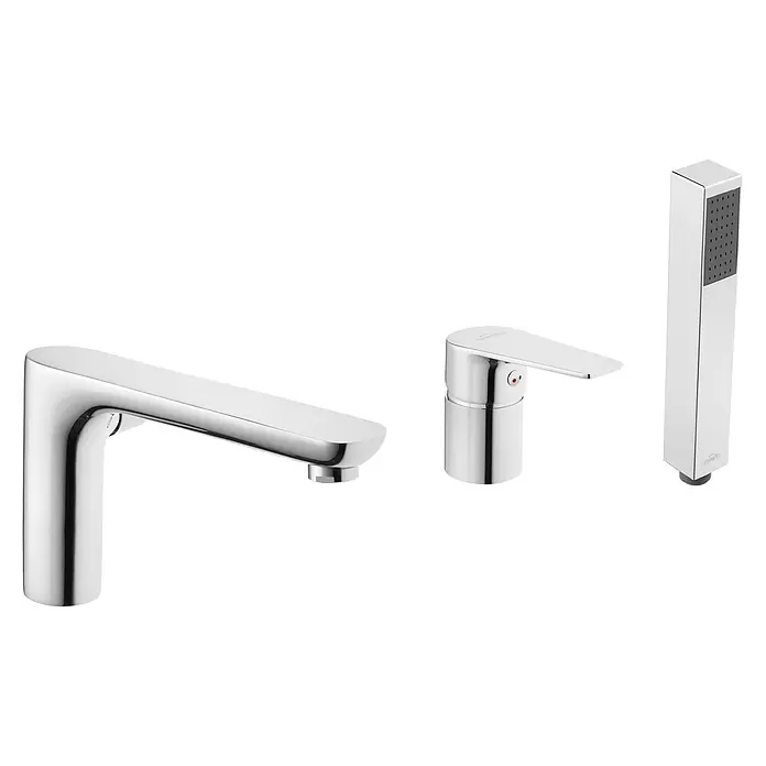 Bad Land Badewannenrandarmatur DOKOS Badewannenrandarmatur Silber - Silber, Glänzend - Set verchromter Badarmaturen: ein Wannenablauf, Mischbatterie und rechteckige Handbrause.