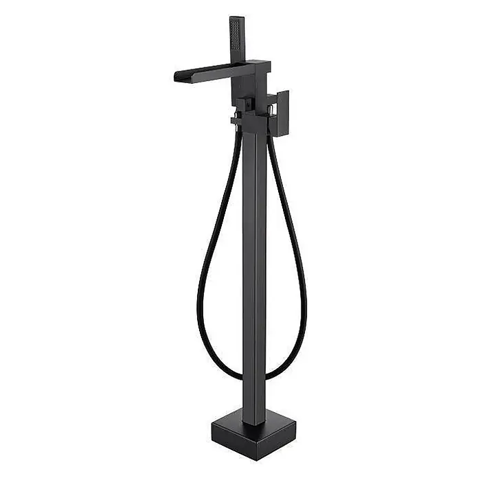 Hudor Badewannenarmatur Alphée - Matt - Mattschwarze freistehende Badewannenarmatur mit Wasserfallauslauf und passender Handbrause an flexiblem Schlauch.
