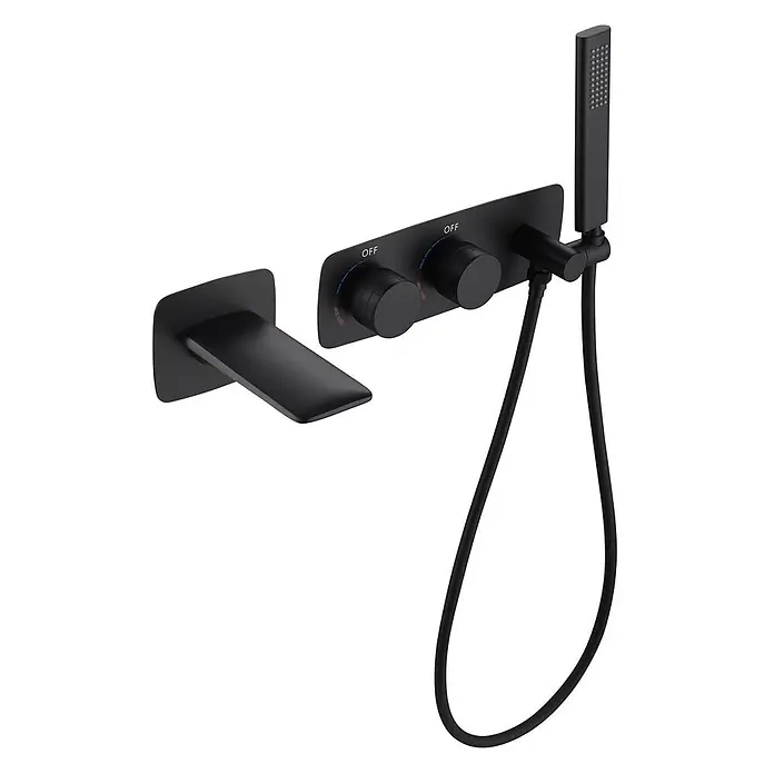 Hudor Badewannenarmatur Céphise 088 - Matt - Matte schwarze Wandarmatur und Handbrause-Set mit zwei Bedienknöpfen.