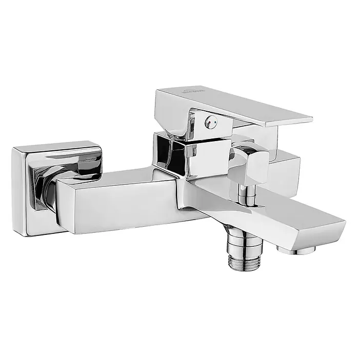 Bad Land Badewannenarmatur PAROS Badewannenarmatur Silber - Silber, Glänzend - Glänzender, verchromter Wand-Badmischer mit modernem, quadratischem Design, Einhebelgriff und Umstellknopf.