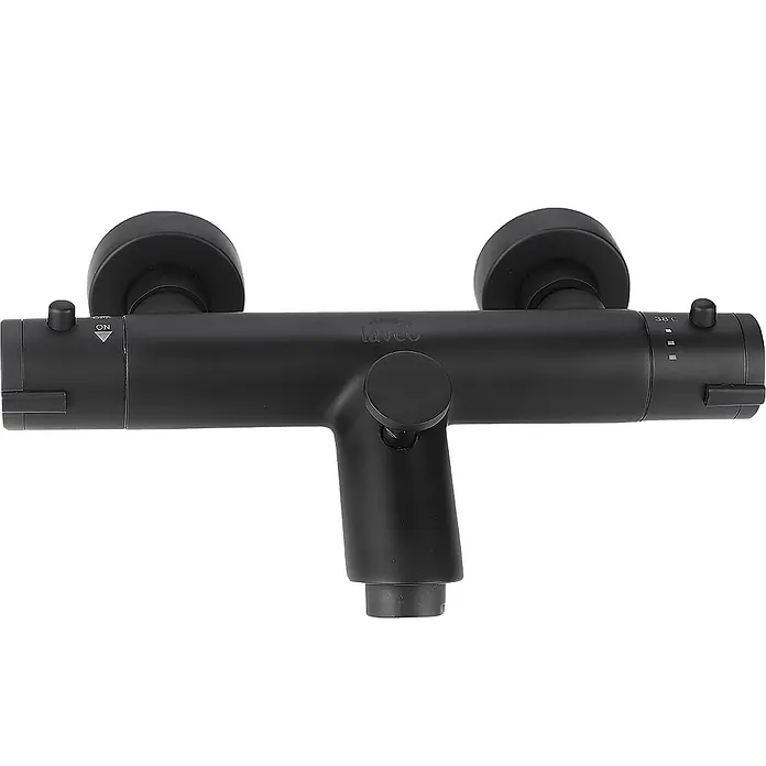 Bad Land Badewannenarmatur TERMICO Badewannenarmatur thermostatisch Schwarz - Schwarz, Matt - Mattschwarze Thermostat-Duscharmatur mit Wandbefestigung, Flussregelung und 38°C Temperatureinstellung.
