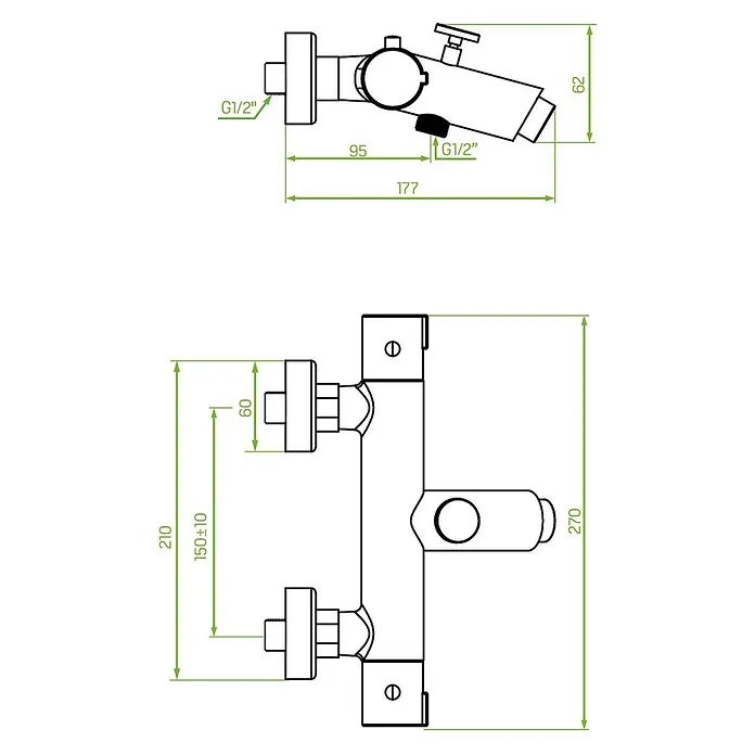 Bad Land Badewannenarmatur TERMICO Badewannenarmatur thermostatisch Silber - Silber, Glänzend - Technisches Datenblatt einer Thermostat-Duscharmatur mit G1/2"-Anschlüssen, 150±10 mm Wandabstand.