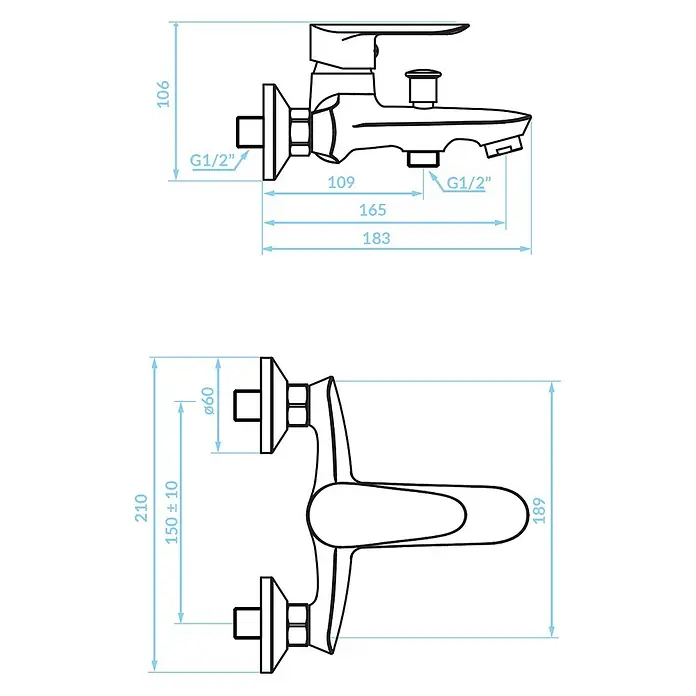 Bad Land Badewannenarmatur CENTO Badewannenarmatur Chrom - Chrom, Glänzend - Technische Zeichnung eines Wandarmatur, zeigt Vorder- und Draufsicht mit Maßen und G1/2"-Anschlüssen.