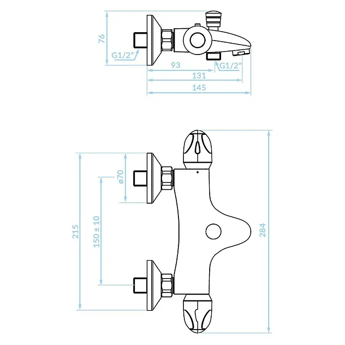 Bad Land Badewannenarmatur MER ROUGE Badewannenarmatur thermostatisch Chrom - Chrom, Glänzend - Technisches Datenblatt einer Wand-Duscharmatur mit Maßangaben für die Montage.