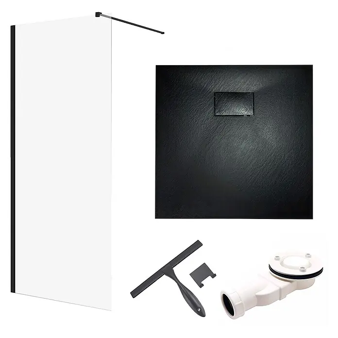 Bad Land Duschwannen-Set KETIL+VIDAR Walk-In Set 80x195 + 80x80 cm Schwarz, m. Wischer - Kunststoff, Schwarz