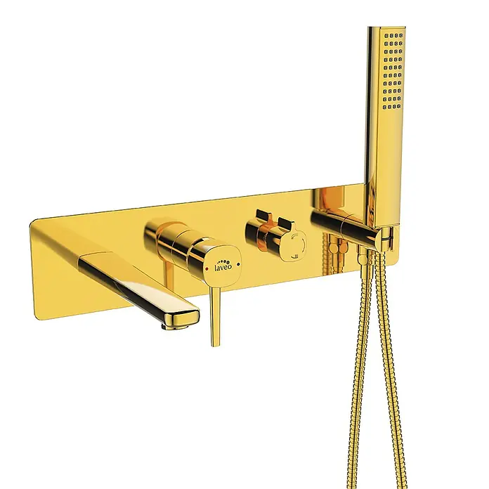 Bad Land POLA UP-Badewannenarmatur Set Gold -  - Wandmontierte goldene Dusch- und Badearmatur mit Auslauf, Bedienknöpfen und Handbrause. Marke Laveo.