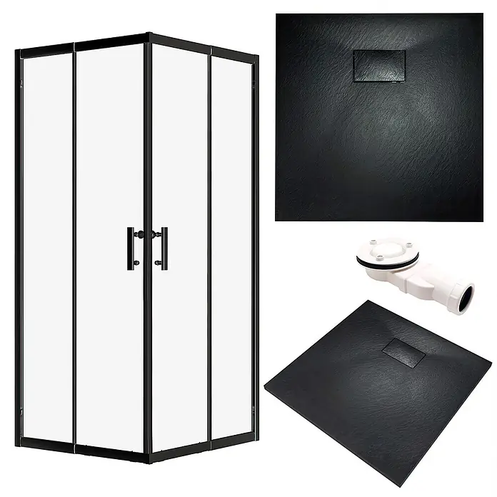 Bad Land Duschwannen-Set HELA+VIDAR Duschset 80x80 cm quadratisch Schwarz, mit Duschwanne - Kunststoff, Schwarz