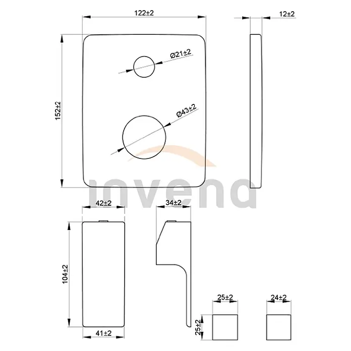 Bad Land NYKS UP-Badewannenarmatur 2-Funktionen quadratisch Chrom -  - Technische Zeichnung einer rechteckigen Montageplatte (152x122x12mm) mit zwei runden Löchern (Ø21mm, Ø43mm) und zugehörigen Halterungen.