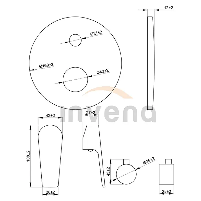 Bad Land DOKOS UP-Badewannenarmatur 2-Funktionen rund Chrom -  - Technische Zeichnung einer runden Platte mit zwei Bohrungen und einem ergonomischen Hebelgriff mit detaillierten Maßen.
