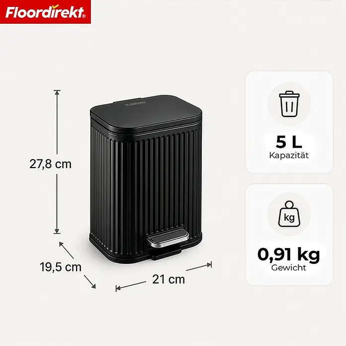 Floordirekt Standard-Mülleimer Miles Schwarz 5 L - 5 l, Metall, Schwarz