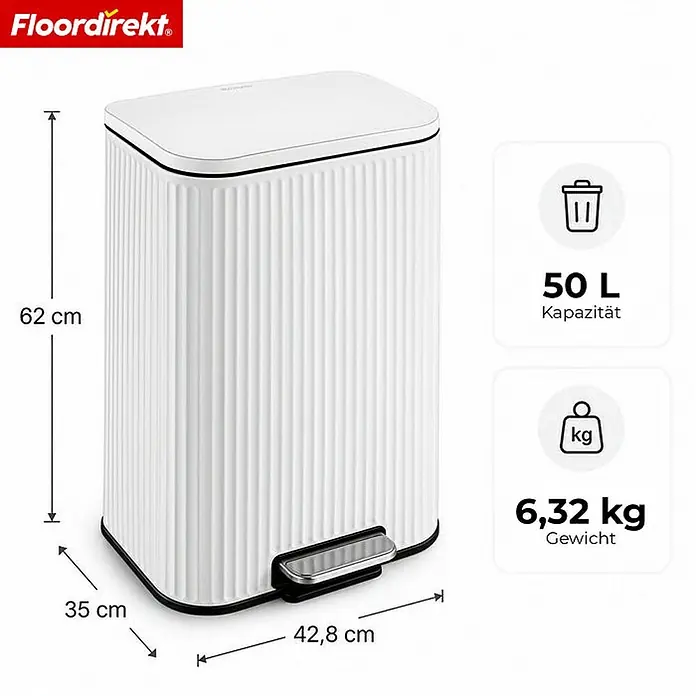 Floordirekt Standard-Mülleimer Miles Weiß 50 L - 50 l, Metall, Weiß