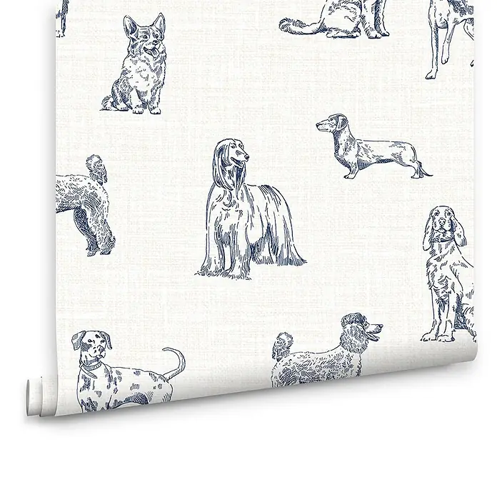 Joules Vliestapete Vliestapete skizzierte hunde - Weiß/Blau, Tieroptik, 10 x 0,52 m