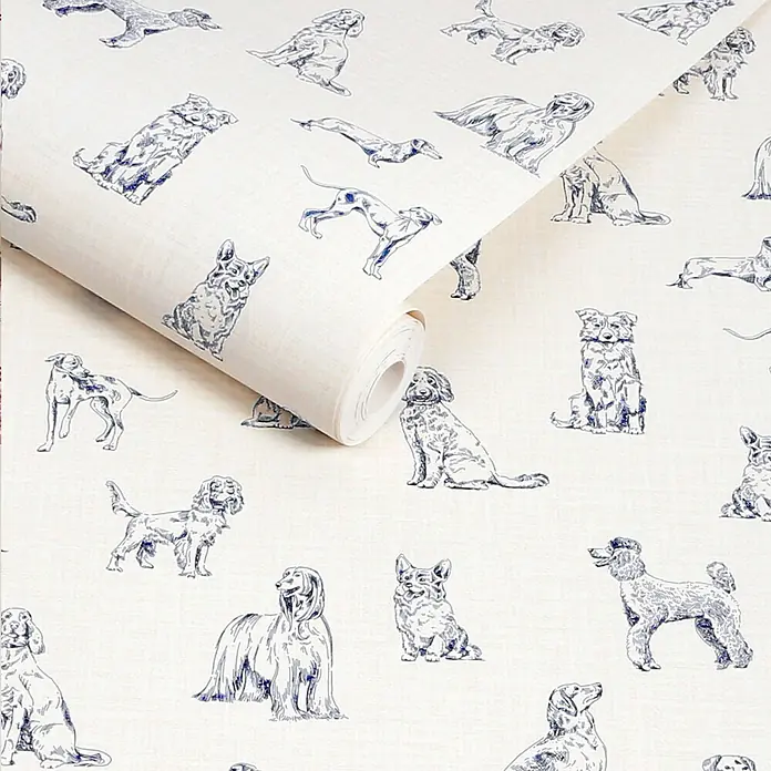Joules Vliestapete Vliestapete skizzierte hunde - Weiß/Blau, Tieroptik, 10 x 0,52 m