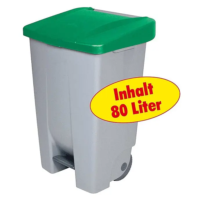 BRB Treteimer BRB Tretabfalleimer mit Rollen, 80 Liter, HxBxT 74x49x42 cm, grau/grün - 80 l, Kunststoff - Grauer Kunststoff-Mülleimer mit grünem Deckel, Fußpedal und Rollen.